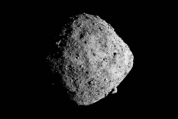 This mosaic image of asteroid Bennu is composed of 12 images taken by the OSIRIS-REx spacecraft from a range of 15 miles.