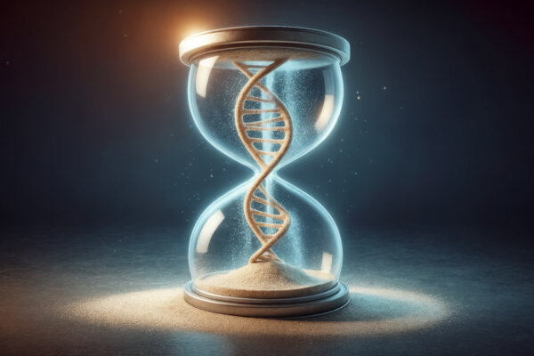Epigenetic or biological clock concept: Hourglass with DNA helix