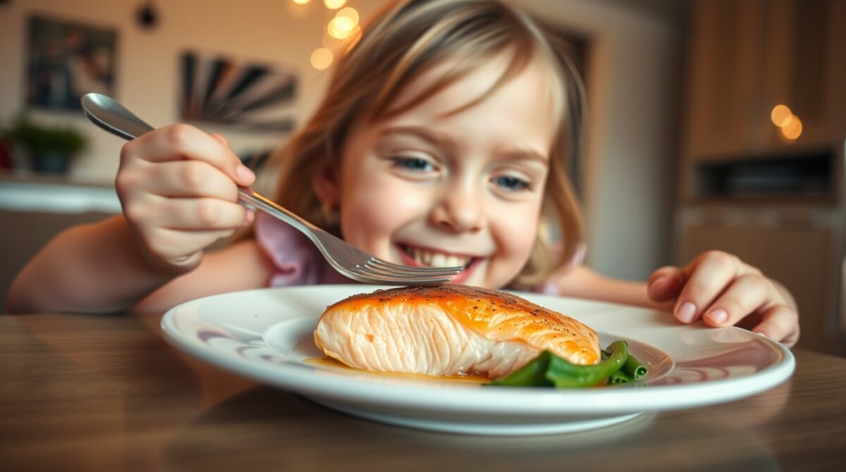 Young girl smiling over a plate of salmon