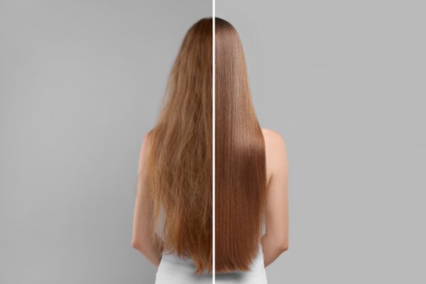 A before and after photo with tangled and straight hair