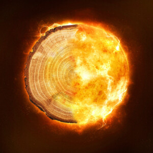 Composite image of tree rings and sun